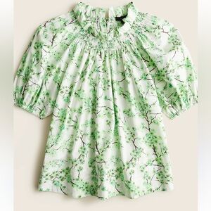 J. Crew White Puff Sleeve Blouse with Light Green Floral Cherry Blossom Print